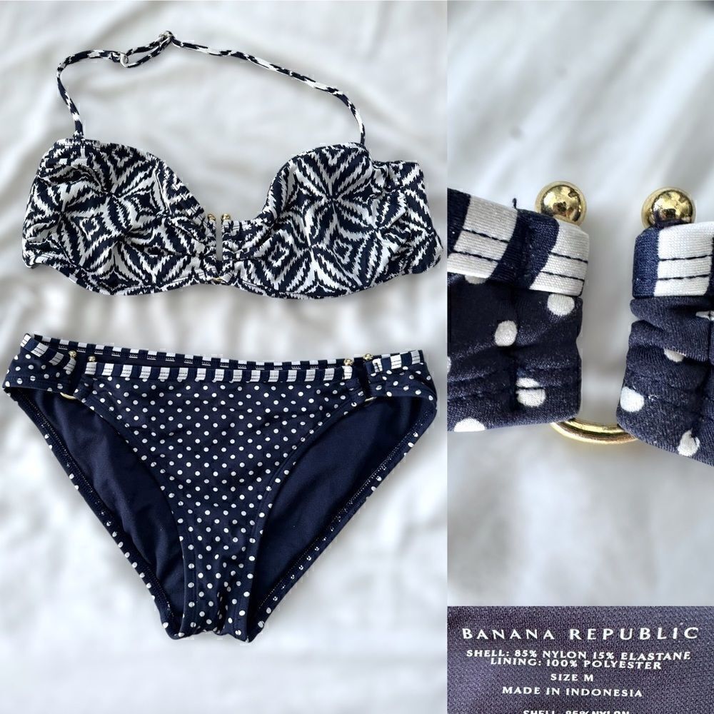 Banana Republic Navy & White with Metal Detail Bikini- Large Top Medium Bottoms